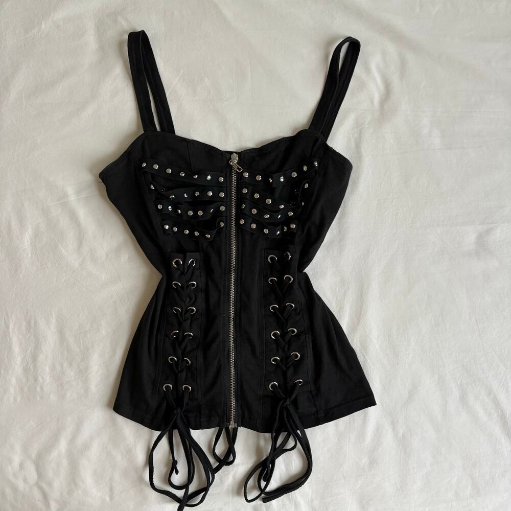 Vintage Y2K Corset Top Black Lace Up Studded Zip Bustier